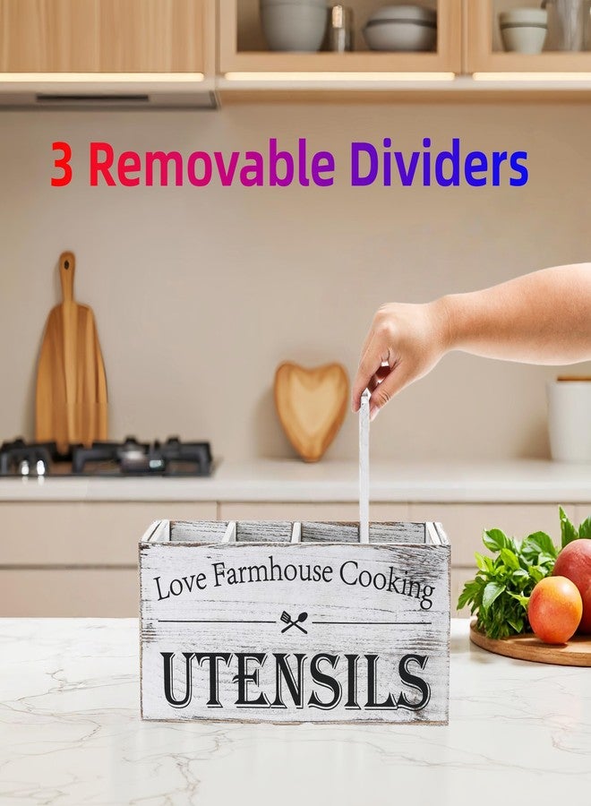 LIBODOUR Kitchen Utensil Holder,Farmhouse Wooden Utensil Holder For Kitchen Counter,Extra Large Cooking Spatula Organizer,Big Storage With 4 Compartments Flatware Spoon Tool Cutlery（Retro White） - Image 4